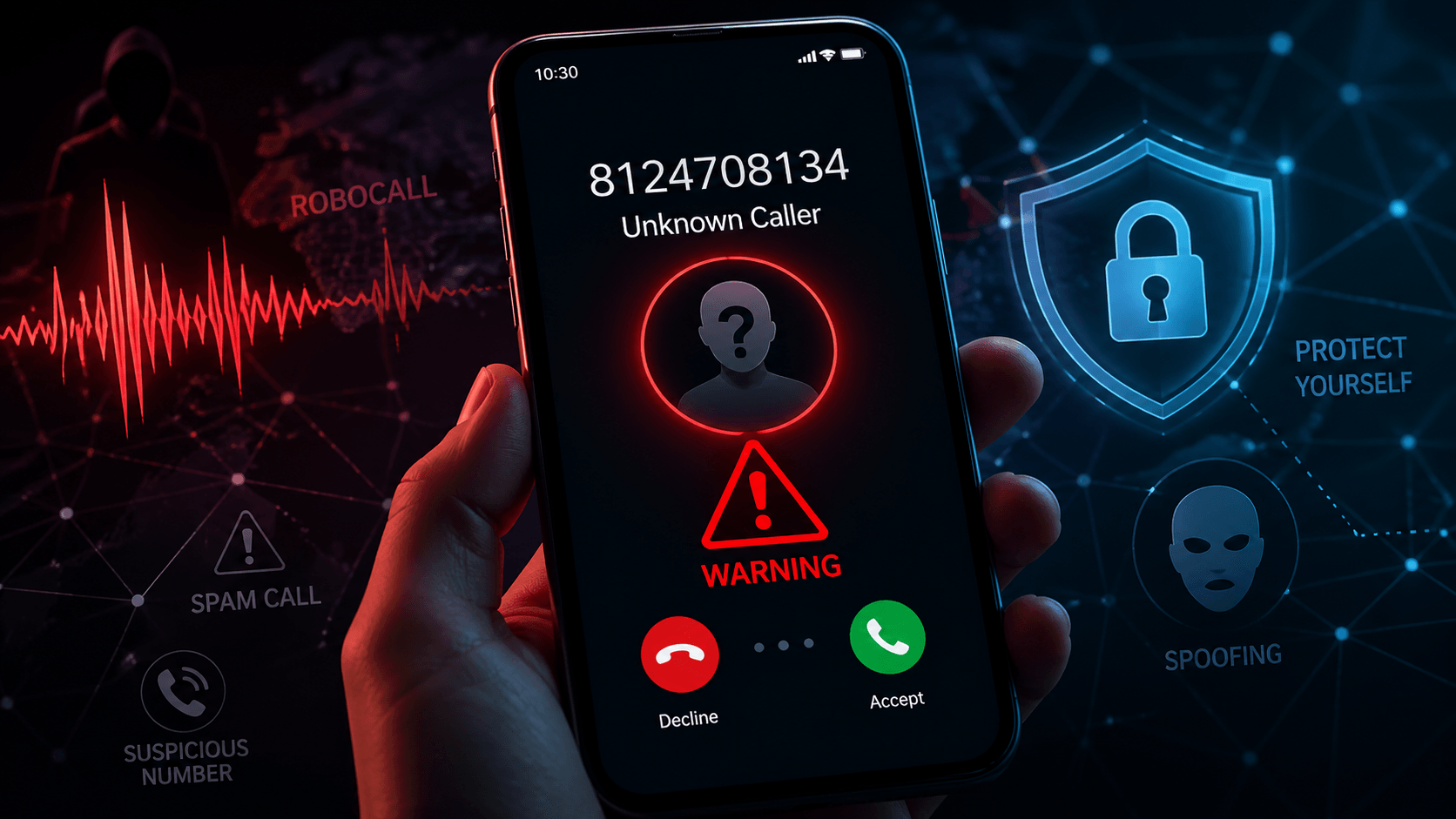 Suspicious phone call alert showing number 8124708134 with spam warning and unknown caller risk concept