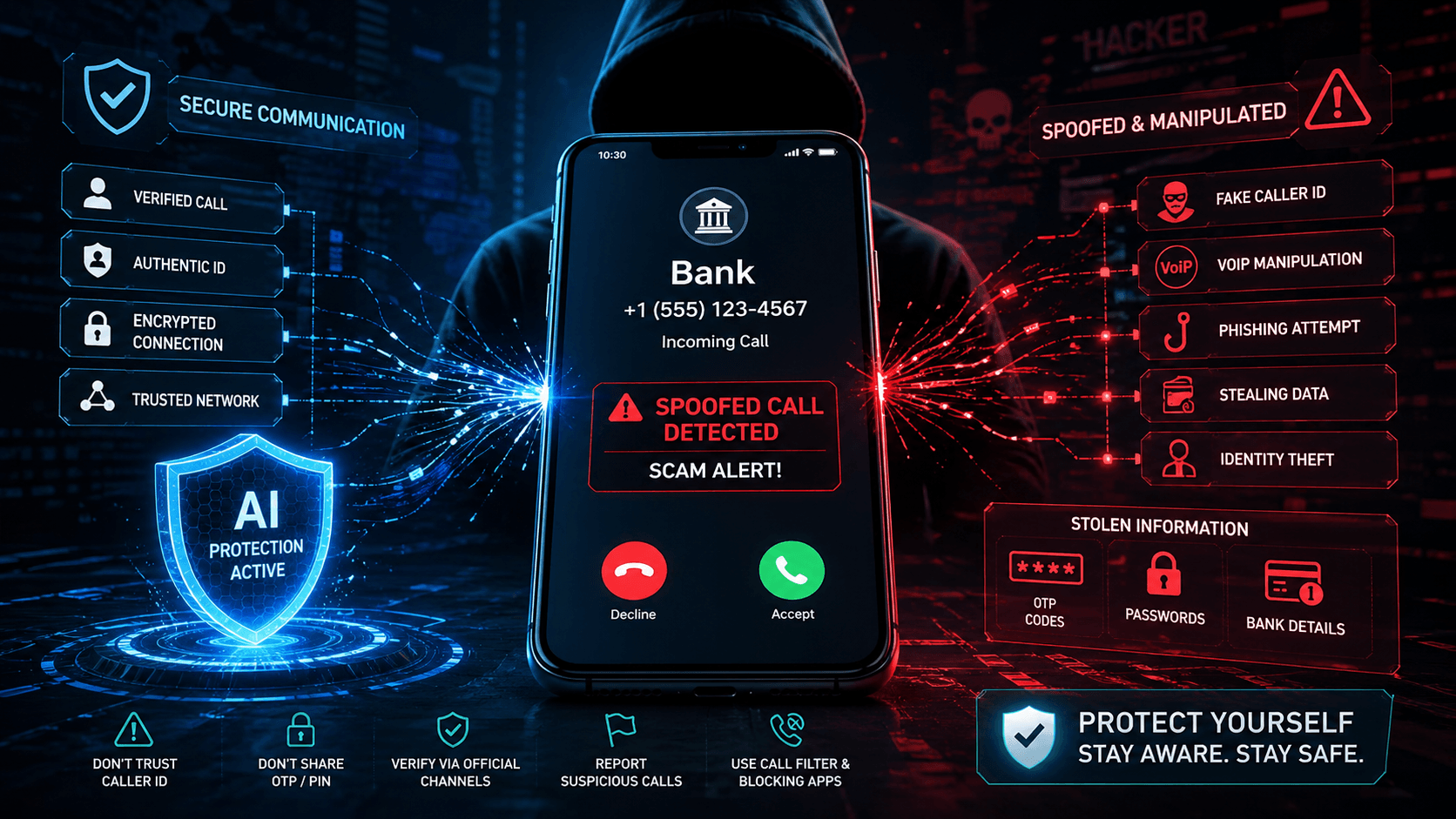 phone number spoofing scam showing fake caller ID and fraudulent incoming call alert