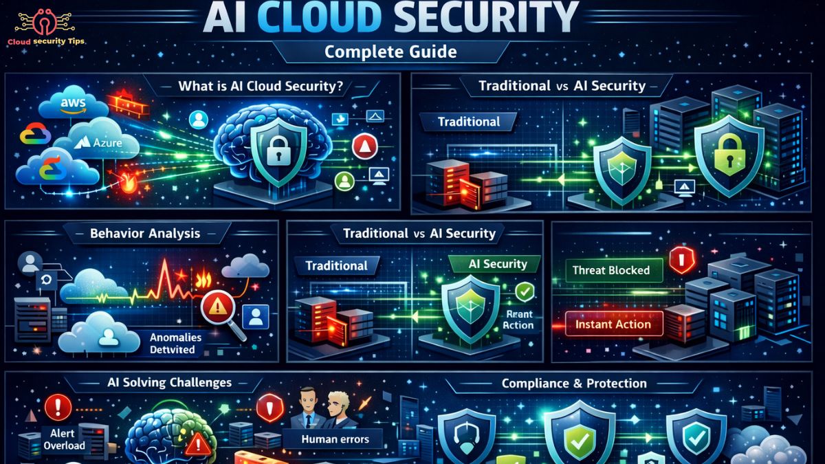 AI cloud security concept showing cloud protection, threat detection, and artificial intelligence monitoring systems