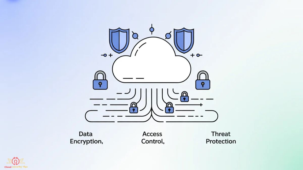 Cloud security tips 2026 - Shield protecting cloud data with lock, IAM, encryption and zero trust icons illustration