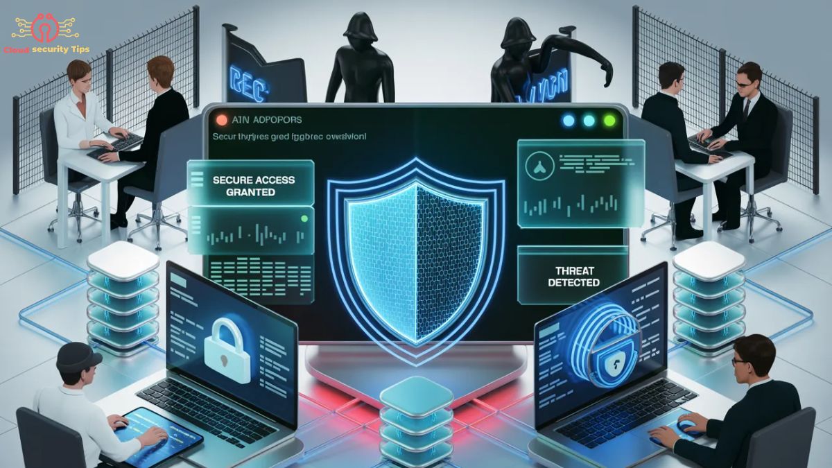 A secure digital network showing cybersecurity protection with locks, firewalls, and data encryption.