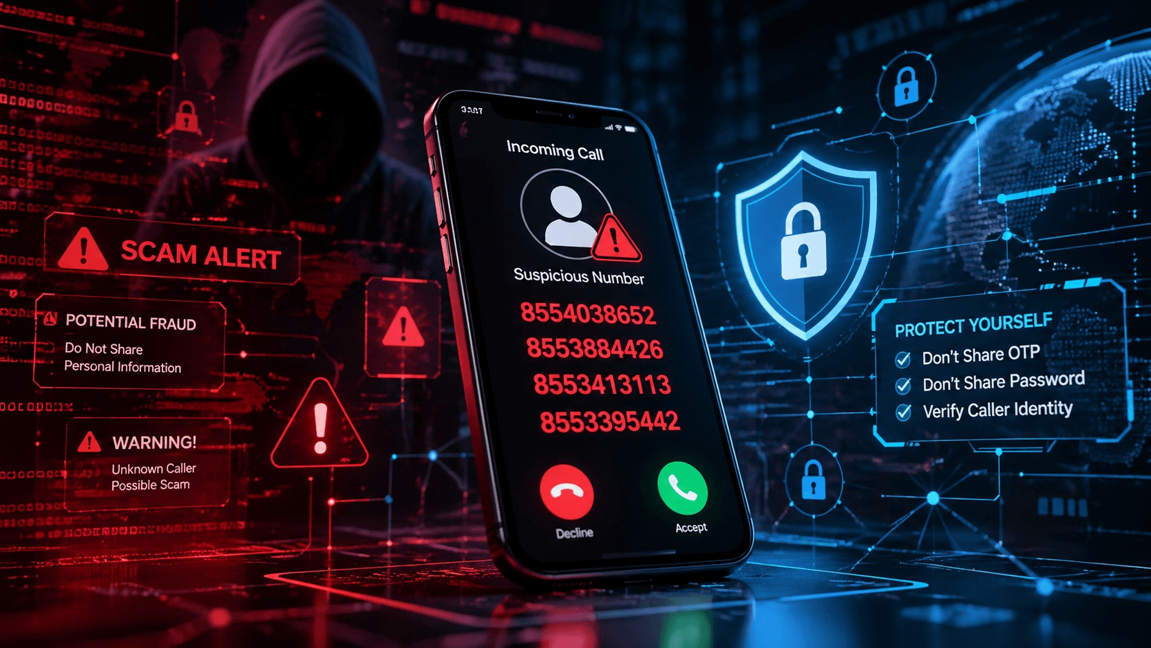 Scam alert illustration showing suspicious phone calls from 8554038652 and related fraudulent phone numbers