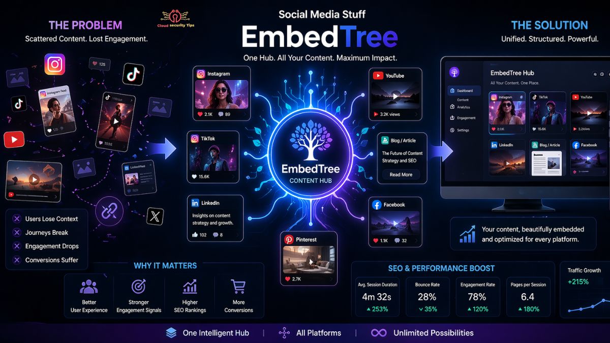 Social Media Stuff EmbedTree content hub showing embedded social media posts and videos from multiple platforms in one system