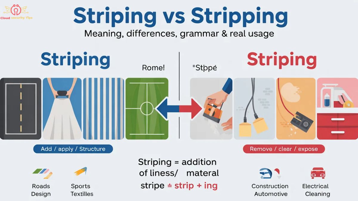 Striping vs Stripping comparison showing difference between adding lines and removing layers in real-world contexts