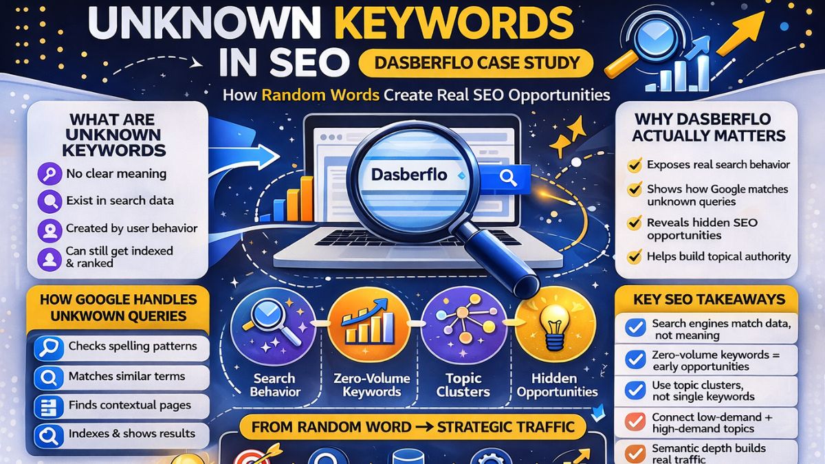 Illustration of unknown keywords in SEO concept showing Dasberflo as an example of search behavior patterns.