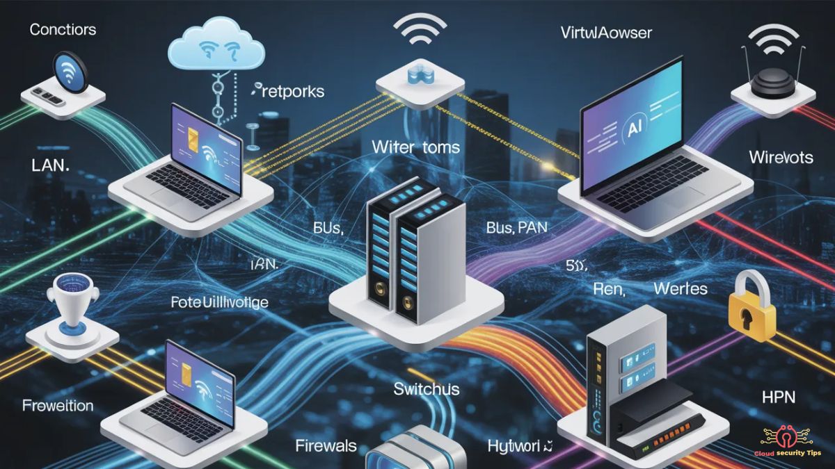 Diagram illustrating computer networking concepts, including LAN, WAN, routers, and cloud networks