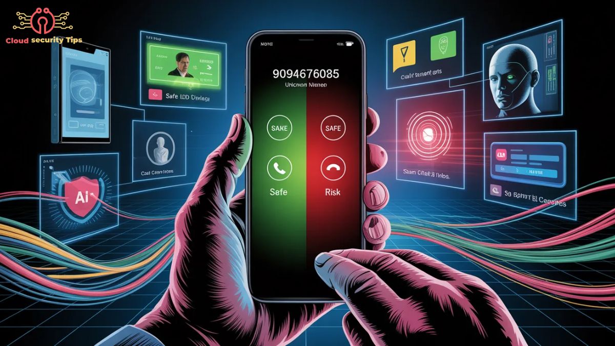 Illustration showing unknown phone number 9094676085 with scam warning symbols and safety analysis concept on smartphone screen