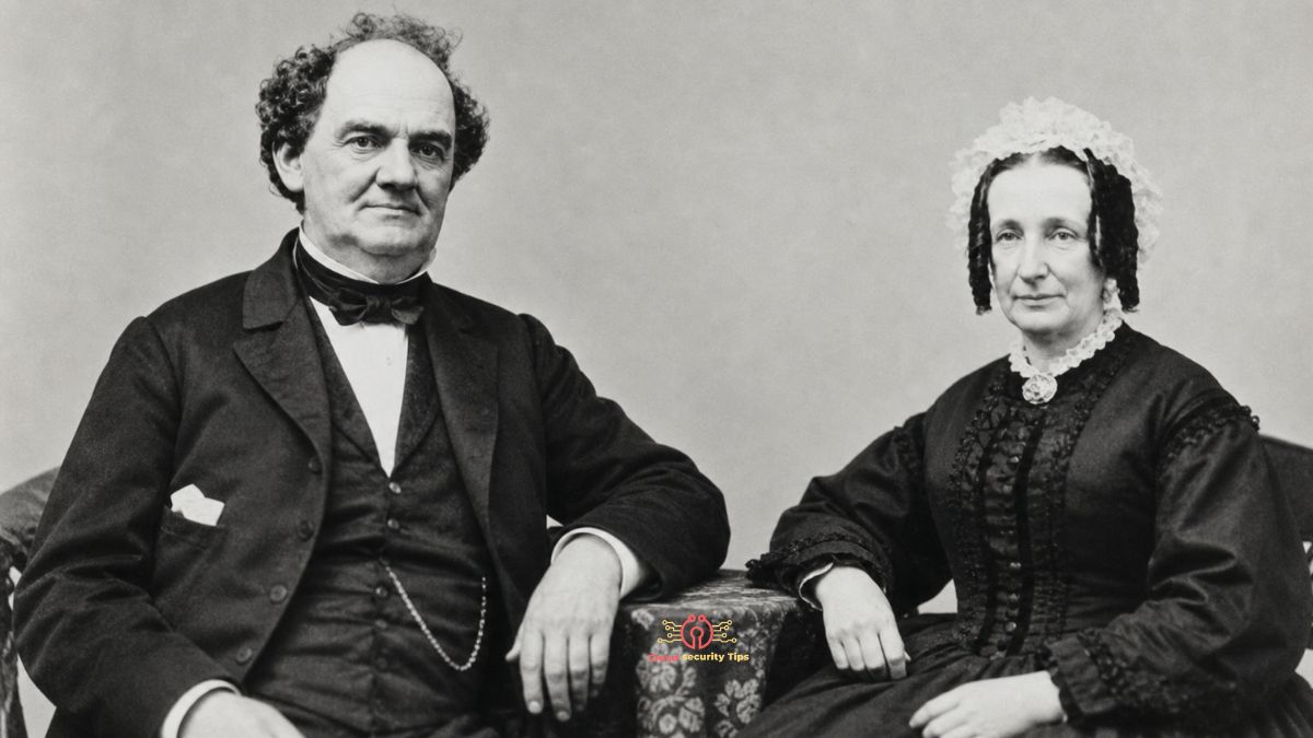 Charity Hallett portrait-style illustration with P. T. Barnum historical background theme