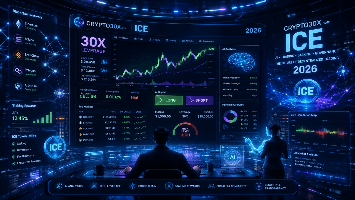 Crypto30x.com ICE crypto trading platform dashboard showing AI analytics, charts, and market risk indicators