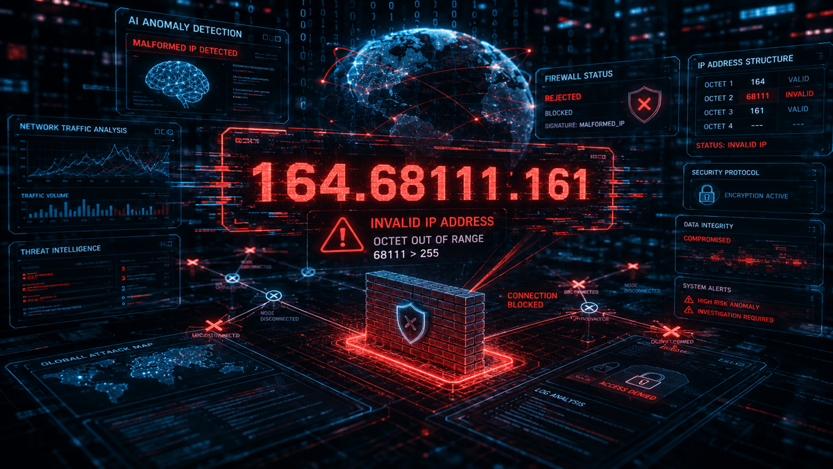Fake IP address 164.68111.161 displayed as digital network anomaly in cybersecurity concept visualization