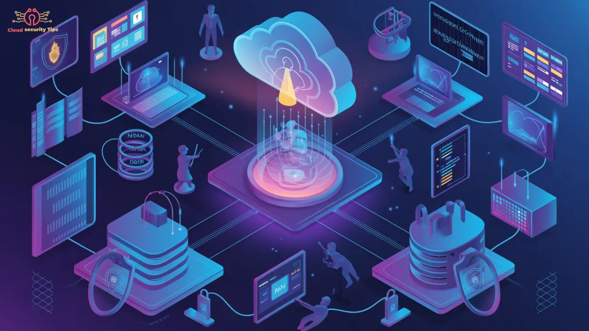 Enterprise cloud security architecture diagram showing data protection, encryption, and access control layers