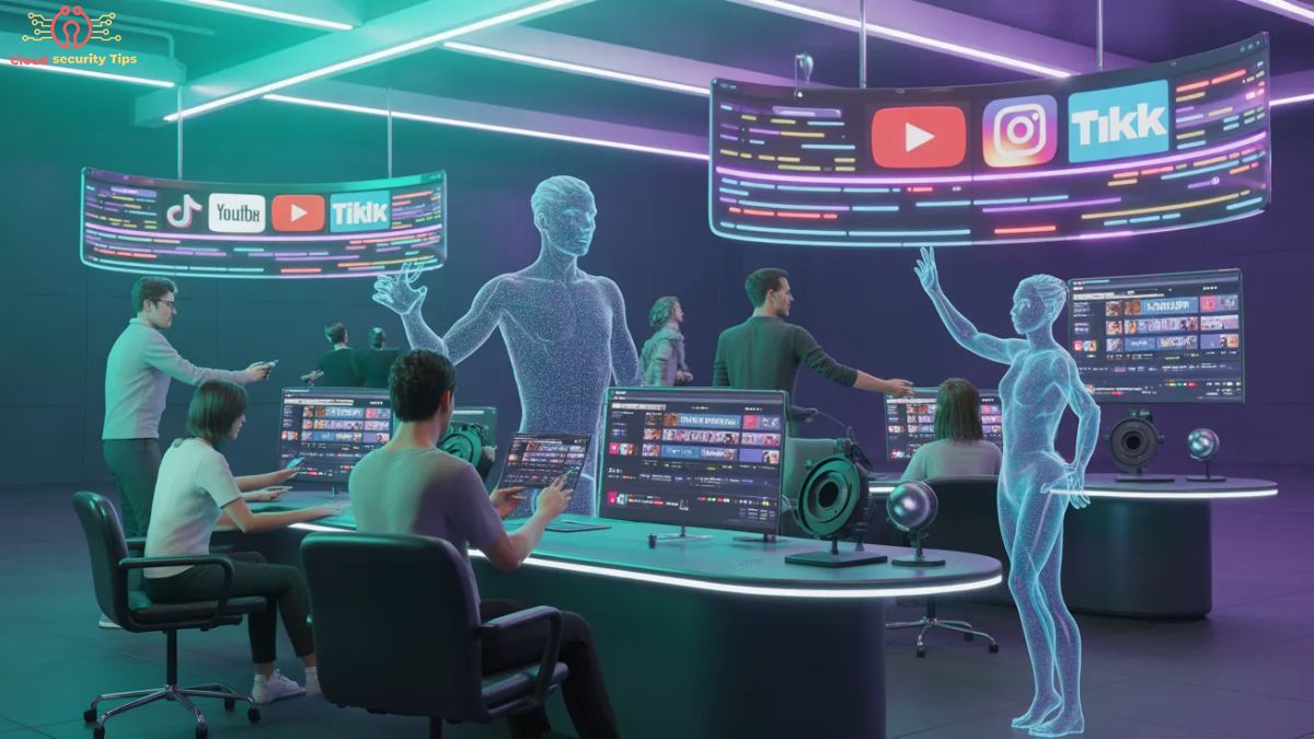 Internet creators working on digital content across social media platforms like YouTube, TikTok, and Instagram.