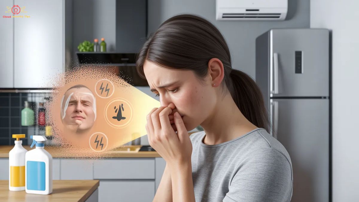 Ammonia smell causes risks safety guide illustration showing chemical odor warning in home environment